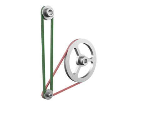 Industrial Mechanical Pulley: Isolated, High-Res 3D Render of Grey Drive Wheels, Dynamic Red and Green Belts. Symbolizing Efficient Power Transfer, Rotary Motion for Engineering, Technical, Machine
