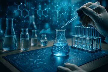 AI generated scientist hand using a pipette in a modern laboratory with glowing blue digital data graphics molecular structures and futuristic technology atmosphere for research and innovation