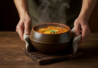 Person holding warm bowl of cooked food with steam against wooden table