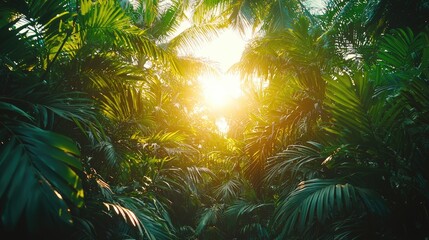 Sunlit Jungle Canopy: Lush Green Palm Leaves and Golden Light