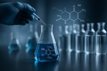 AI generated science laboratory experiment scene scientist hand using pipette dripping blue chemical liquid into glass beaker digital molecular structures background symbolizing research innovation