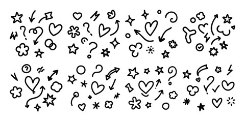 Hand Drawn Doodle Elements Arrows Hearts Stars Flowers and Question Marks