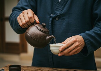 Person pouring tea from brown teapot into a white cup
