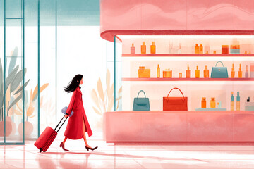 A stylish woman in a red coat pulls a pink suitcase past a chic boutique window filled with bags and perfumes.