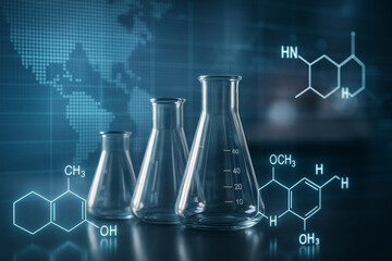 AI generated glass flasks in modern laboratory with glowing molecular structures digital world map and abstract technology elements inspiring science and innovation