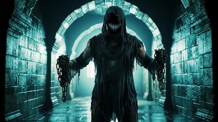 Menacing hooded figure with chains standing in a dark and eerie corridor