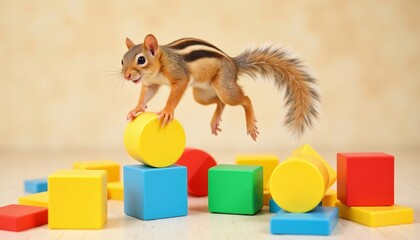 Squirrel jumping over colorful geometric blocks on a light background  
