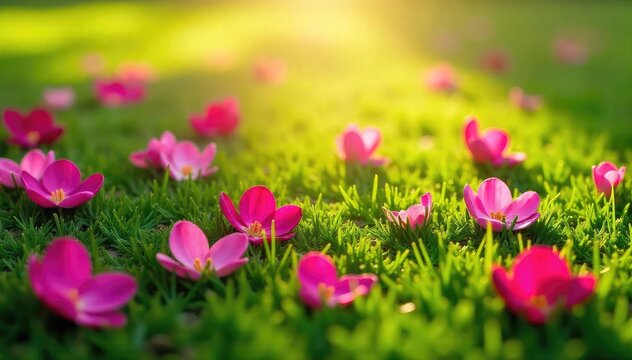 Vibrant pink flower petals scattered on lush green grass, bathed in sunlight Perfect for spring, nature, and floral themes Ideal for websites, blogs, and advertising , nature, spring