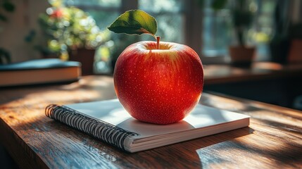 Sunlit Red Apple on Notebook: Still Life Study of Knowledge and Health