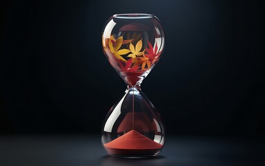Hourglass filled with autumn leaves on black background