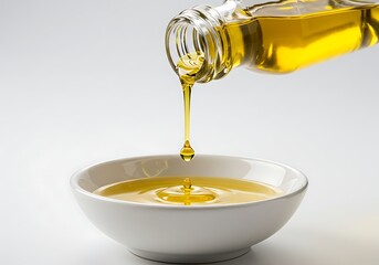 Pouring golden liquid into a small white bowl close up shot on white background