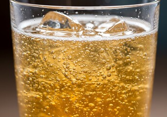 Refreshing cold beverage with ice cubes in a clear glass close up view