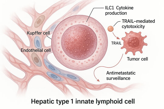 Diagram illustrating the function of hepatic type 1 innate lymphoid cells in tumor surveillance.