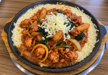 Savory dish with cheese vegetables and chicken on a round platter
