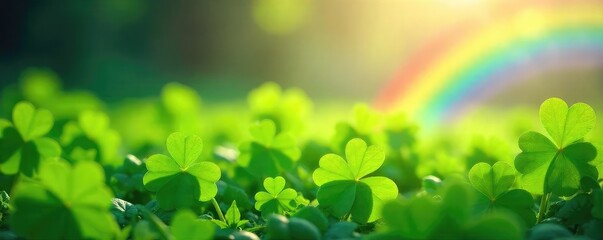 Vibrant rainbow arcing over a lush field of four-leaf clovers, bathed in sunlight A magical, lucky scene perfect for whimsical and St Patrick's Day themes , prosperity, meadow