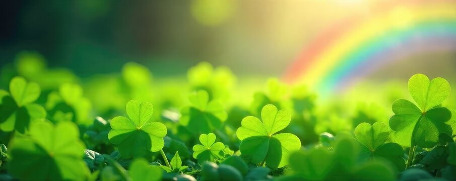 Vibrant rainbow arcing over a lush field of four-leaf clovers, bathed in sunlight A magical, lucky scene perfect for whimsical and St Patrick's Day themes , prosperity, meadow