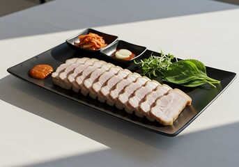 Sliced cooked pork belly with various side dishes on a black plate