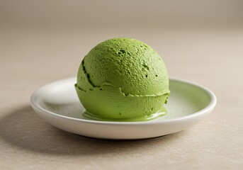 Single scoop matcha green tea ice cream on small white plate dessert