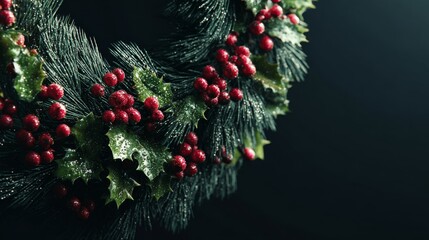 A beautifully detailed Christmas wreath adorned with holly leaves and red berries, glistening with raindrops against a dark background.