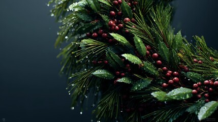 A close-up of a lush green wreath adorned with vibrant red berries, glistening with droplets of water in a moody setting.