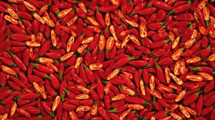 Fototapeta premium Abundant red hot chili peppers, a vibrant spicy food texture background.