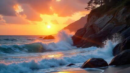 Fototapeta premium Golden Sunset Waves Crashing on Rocky Shore, Painting a Vibrant Coastal Scene