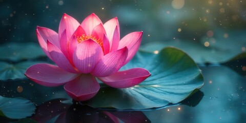 A serene pink lotus blossom floats gently on tranquil water, illuminated by soft, ethereal light, creating a peaceful and beautiful scene.