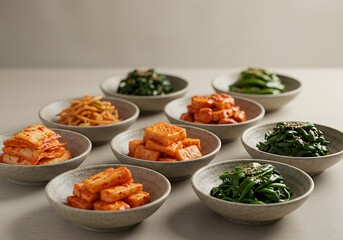 Variety of colorful korean side dishes arranged in ceramic bowls