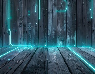 Futuristic wooden plank background merging with neon circuit lines, abstract digital wood texture with copy space