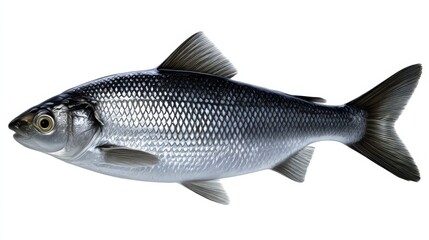 Obraz premium Elegant Black Fish Swimming Gracefully Against a Pure White Background Highlighting the Contrast and Beauty of Nature in a Minimalist Aesthetic Scene
