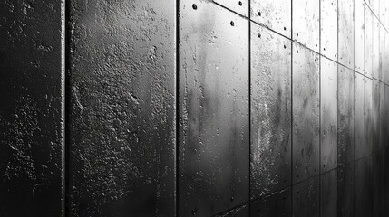 Textured Black Metal Wall with Rivets and Glossy Finish in Dramatic Lighting
