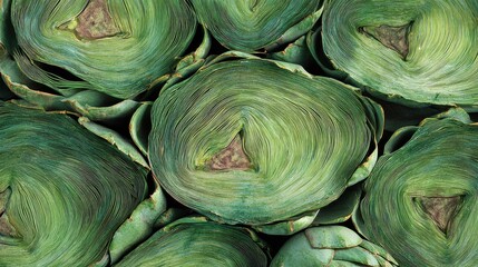 Detailed close-up of halved green artichokes revealing their internal concentric layers.