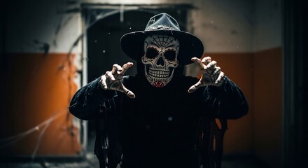 Scary Halloween costume of a skull-masked figure in a haunted house. Perfect for Halloween events, spooky themes, and horror-related projects, or haunted house promotions.