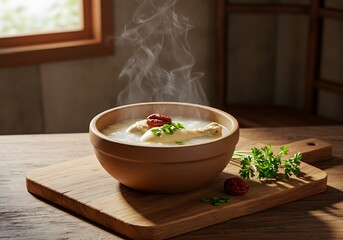 Wooden bowl of chicken soup with herbs and steam on a wooden board