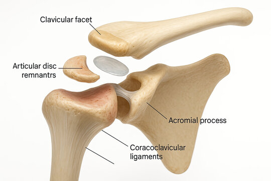 Anterior view of the human clavicle and scapula, showing the acromioclavicular joint with clavicular facet, articular disc remnants, coracoclavicular ligaments, and acromial process. This is a medical