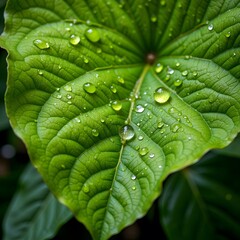 Lush green leaf with water droplets.