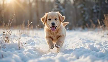 Golden Retriever Puppy Running Through Snowy Forest with Sunlight Streaming Through Trees
