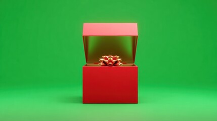 A festive red box, lid open, revealing a gold bow against a green backdrop