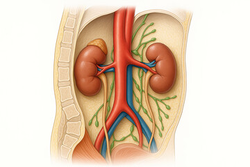 Anatomical illustration of the human urinary system, kidneys, aorta, vena cava, and adrenal glands.