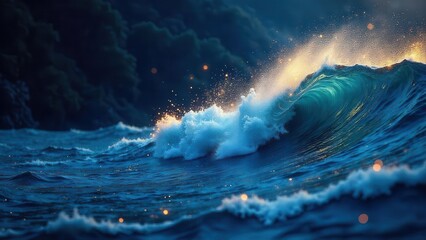 Naklejka premium Ocean Wave with Glowing Particles at Dusk A Captivating Image of Nature's Power and Beauty