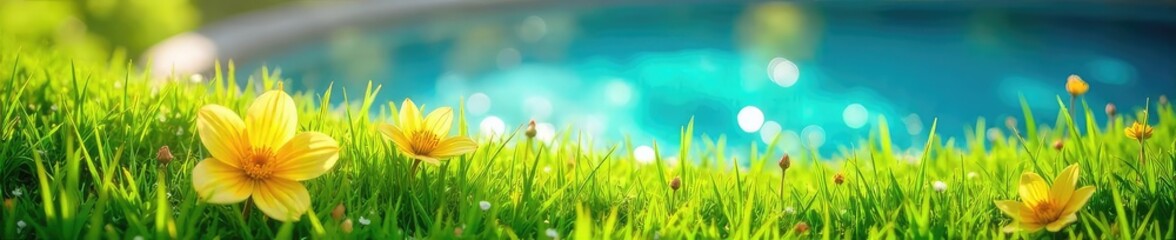 Fototapeta premium Vibrant summer scene with bright sunlight illuminating lush green grass, sparkling blue water, and a carefree atmosphere Perfect for travel, vacation, or summer themed projects , happy, season