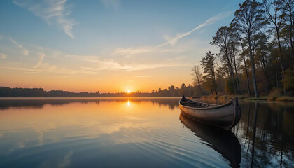 Obraz premium Wooden Canoe Floating on Serene Lake at Sunset with Reflections and Tree Silhouettes
