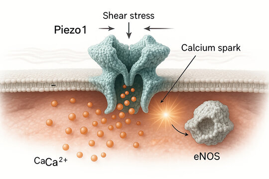 Diagram showing Piezo1 channel activation by shear stress, leading to calcium influx and calcium spark, activating eNOS.