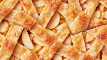 Overhead view of an apple pie with a partially formed lattice crust.