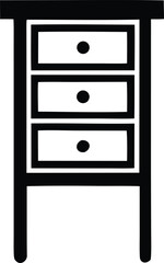 Simple black and white line art icon of a three-drawer cabinet or dresser furniture piece