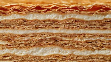 Close-up view of delicate layered mille-feuille pastry with creamy filling.