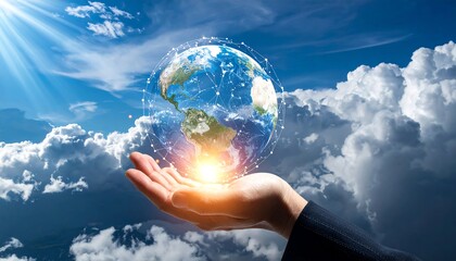A hand holds a glowing Earth surrounded by a network of connections, set against a dramatic sky with sunlight