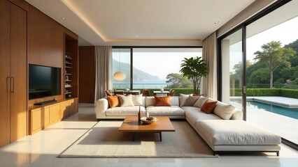 Fototapeta premium Modern Sectional Sofa in Sunlit Living Room with Panoramic Ocean View and Infinity Pool
