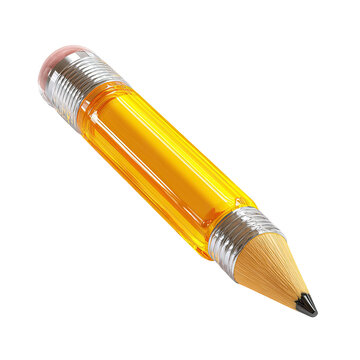 A translucent yellow pencil with a visible eraser and sharpened graphite point, rendered in a photorealistic style