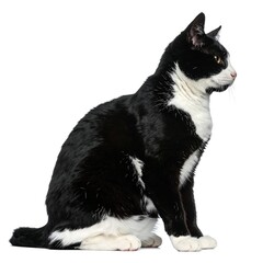 Black and white cat sitting in profile view against a white background